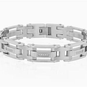 NEW Helzberg Diamonds Men's Silver Tone Link Bracelet with Diamond Accents